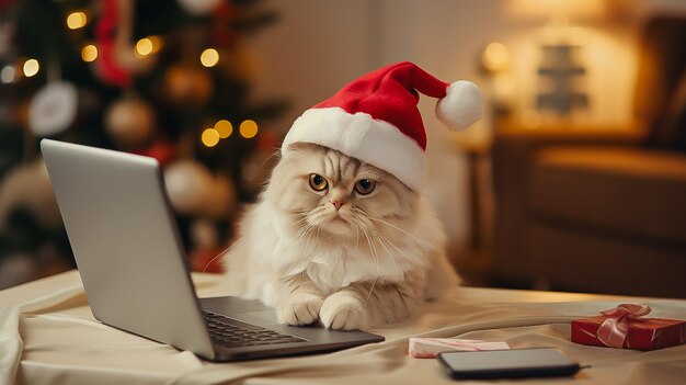 un lindo gato con un sombrero de Papá Noel está haciendo compras en línea en una computadora portátil en casa