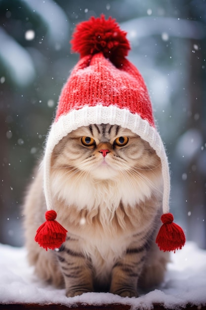 Lindo gato con sombrero sobre un fondo navideño