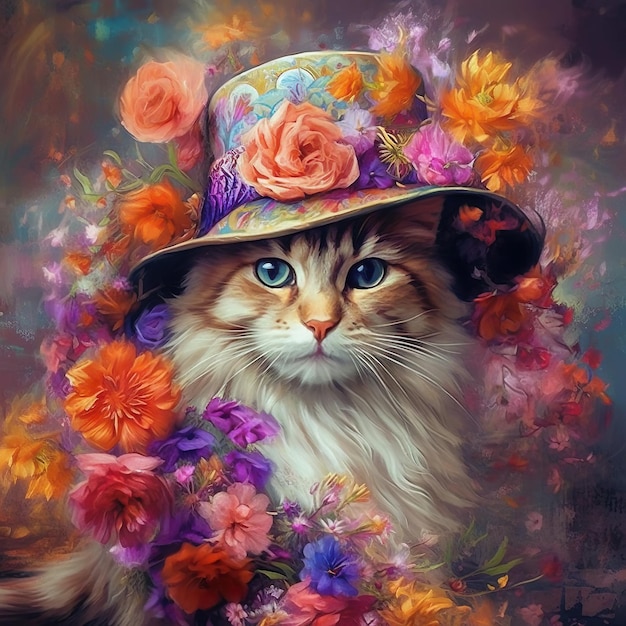 Lindo gato con sombrero victoriano con flores Gato para gráficos de camisetas IA generativa