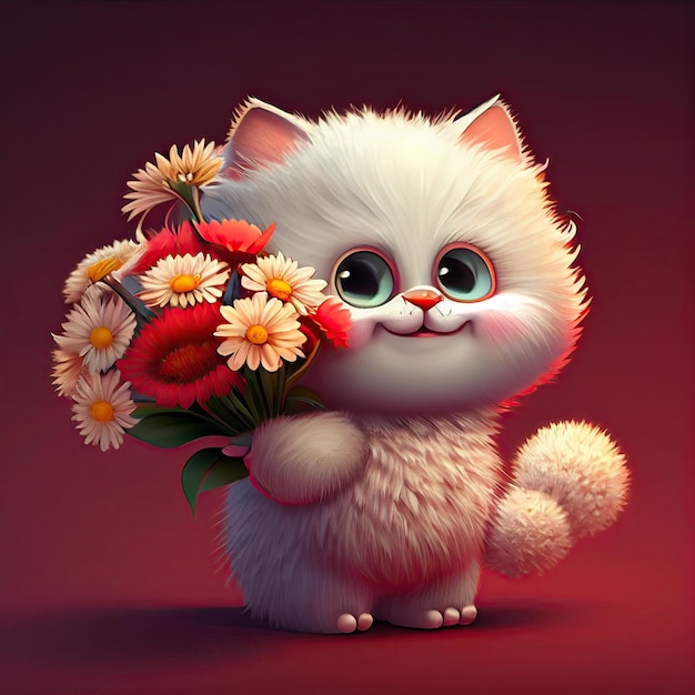 Lindo gato sonriente sosteniendo ramo en flores de colores aislado fondo cálido