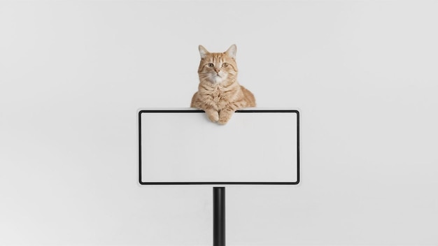 un lindo gato sosteniendo un cartel para el uso de publicaciones en las redes sociales