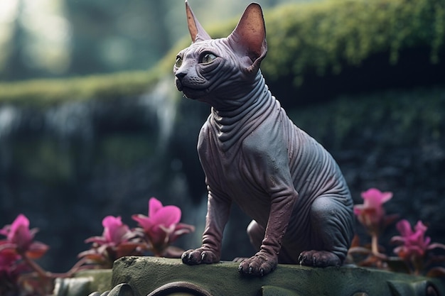 Lindo gato Sphynx en el jardín