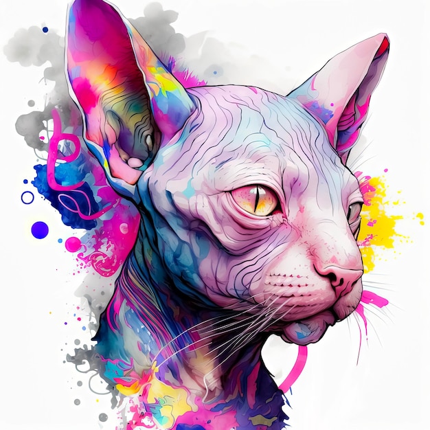 Lindo gato sphynx con ojos dorados pintados con salpicaduras de color de acuarela Camiseta de tarjeta de arte digital o diseño de tatuaje Ilustración 3D