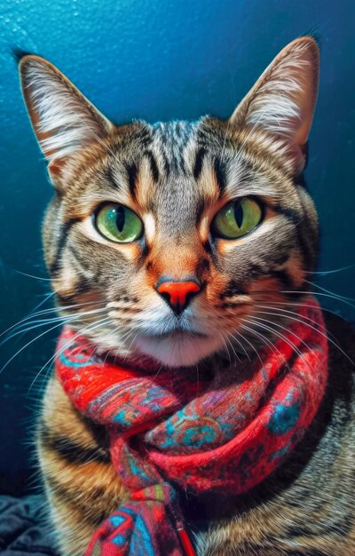 Un lindo gato tabby con una bufanda de colores Un retrato de moda de un animal antropomórfico