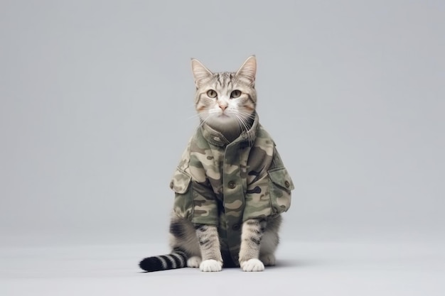 El lindo gato tabby en una chaqueta militar fue filmado en estudio por la IA generativa.