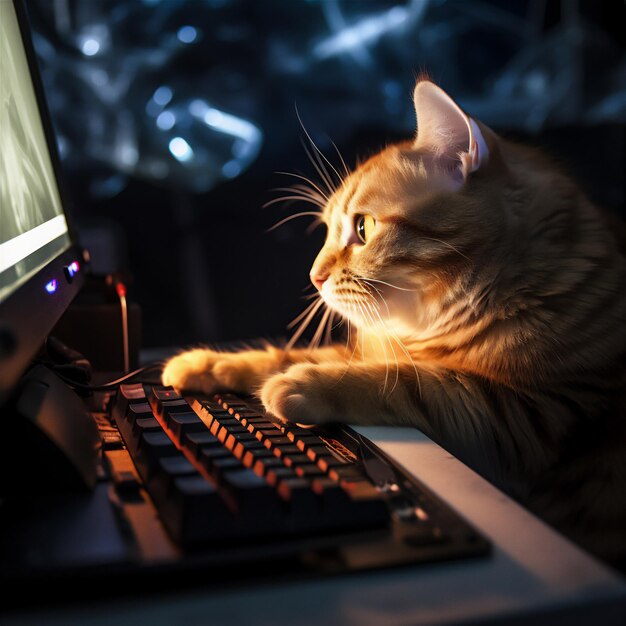 Foto el lindo gato tabby está disfrutando de una sesión de juegos en la computadora