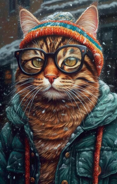 Un lindo gato tabby con gafas vestido con un colorido traje de invierno un animal antropomórfico