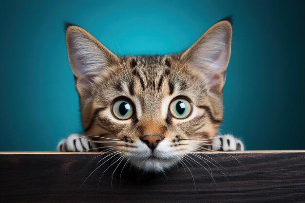 un lindo gato tabby mirando las tablas de madera contra un fondo azul