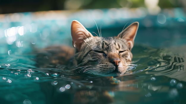 Foto un lindo gato tabby está nadando en una piscina clorada en un caluroso día de verano los ojos de los gatos están cerrados en la felicidad mientras disfruta del agua refrescante