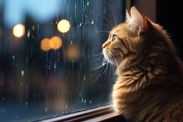 Lindo gato tabby pelirrojo sentado junto a la ventana en casa en un día de lluvia ai generado