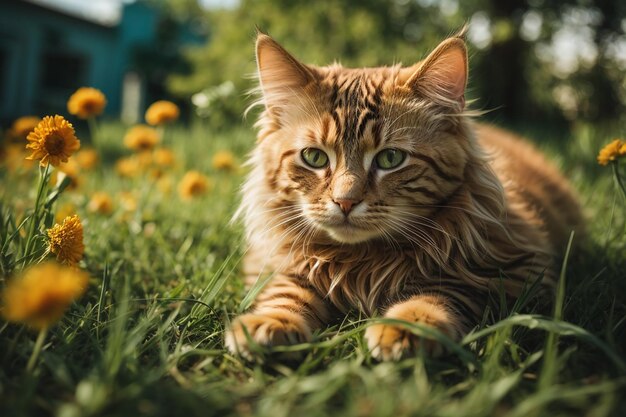 Lindo gato tendido sobre la hierba