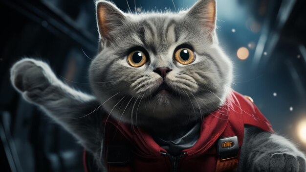 Foto un lindo gato con un traje espacial rojo está sentado en una nave espacial