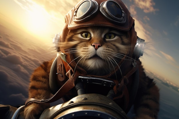 Un lindo gato con traje de piloto está volando un avión