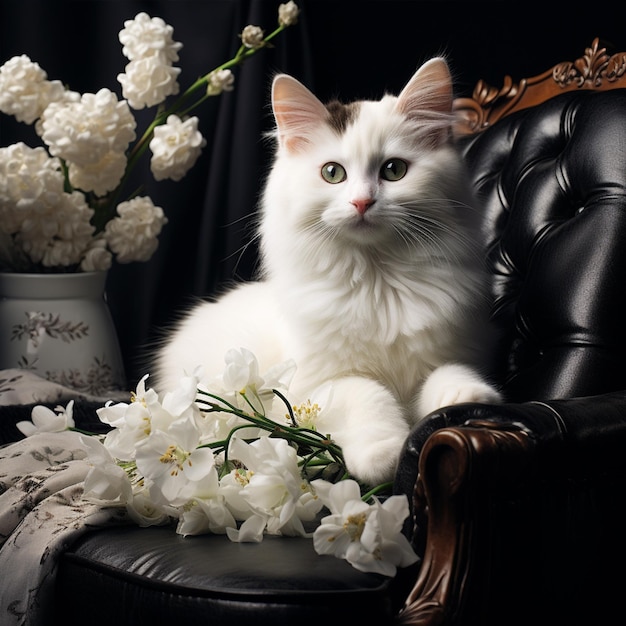 Foto lindo gato tumbado en un sillón con tulipanes blancos