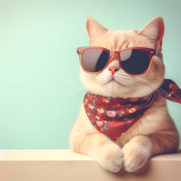 Lindo gato de verano con gafas de sol y pañuelo ai generativo