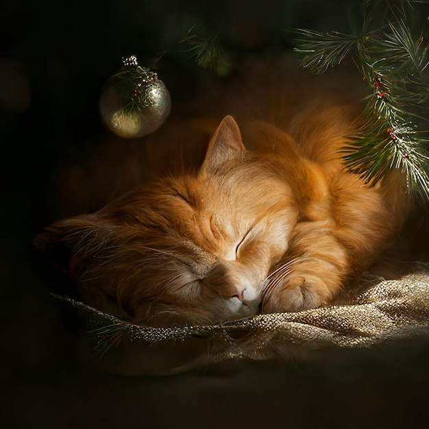 Lindo gato vermelho dorme debaixo de uma árvore de Natal deitado sobre um cobertor