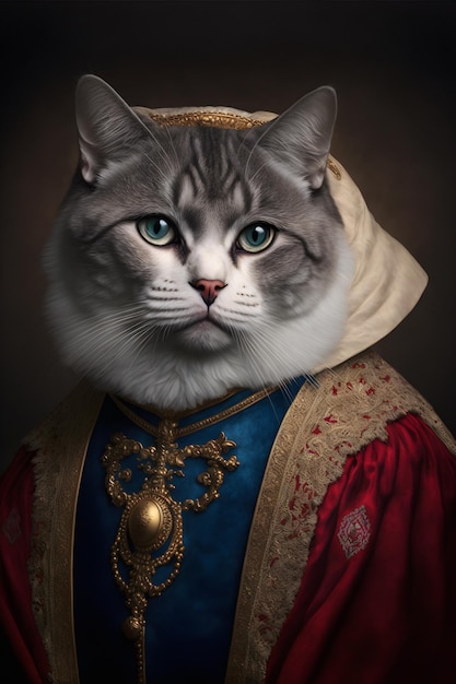 Un lindo gato con un vestido real. Retrato de mascotas en ropa