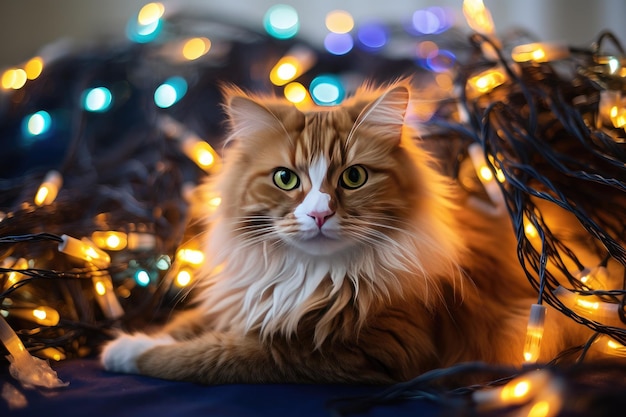 Un lindo gato yace en un montón de guirnaldas de Año Nuevo encendidas. La mascota se enreda en las coloridas luces de Navidad.