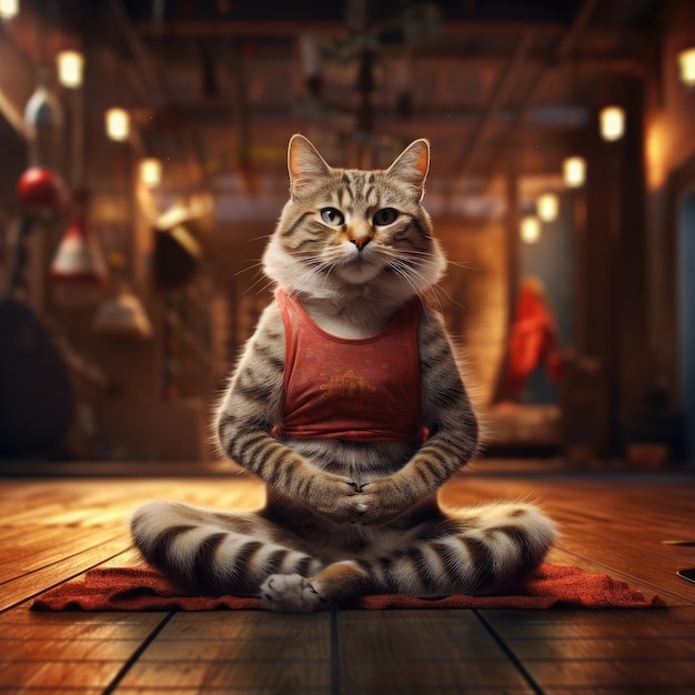 Lindo gato yogui haciendo yoga o meditación