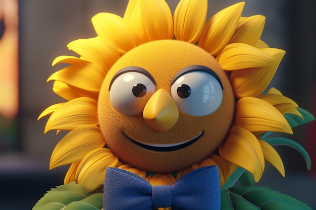 Lindo girasol con cara graciosa en fondo amarillo ilustración en 3D