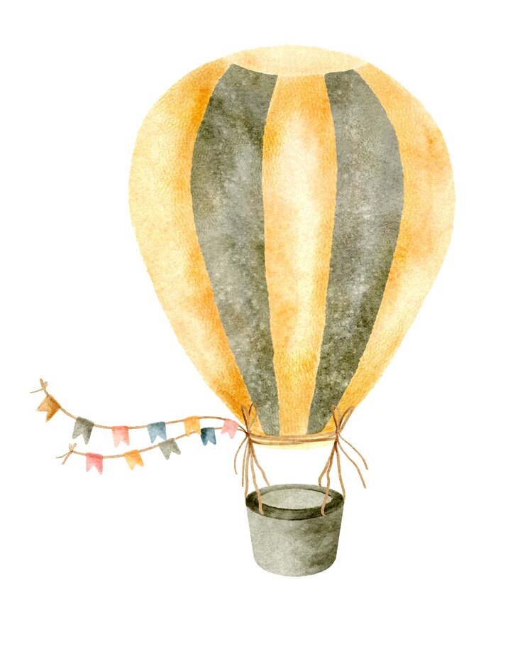 Lindo globo aerostático rayado amarillo y verde con banderas ilustración dibujada a mano aislada sobre fondo blanco