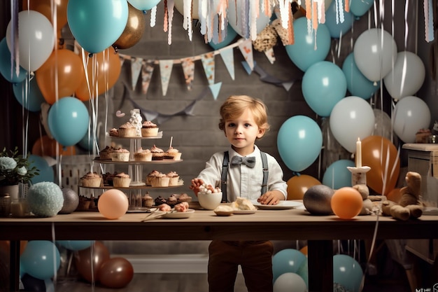 Lindo globo niño pequeño fiesta de cumpleaños niño azul niños infancia IA generativa