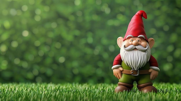 Foto un lindo gnomo de jardín está de pie en un campo verde exuberante con un sombrero rojo y pantalones verdes
