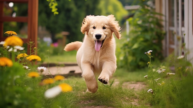 lindo Golden Retriever correndo e brincando com o jardim