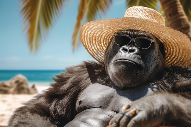 Lindo gorila engraçado bonito em um chapéu e óculos de sol relaxa na praia do oceano extremo closeup Generative AI