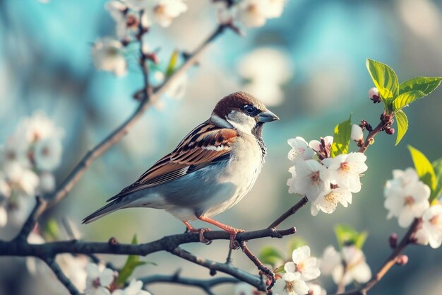 Foto lindo gorrión en el jardín de primavera con árbol en flor día mundial del gorrión