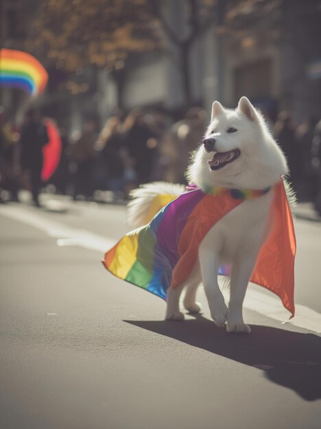 Foto un lindo y gracioso cachorro con una bandera arco iris lgbt en el festival