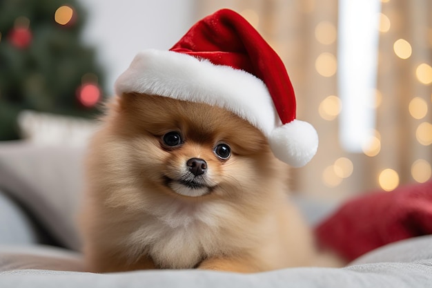 Lindo y gracioso cachorro bebé con sombrero rojo de Papá Noel o retrato de año nuevo de un animal doméstico