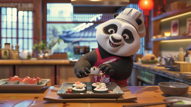 Foto un lindo y gracioso chef panda está haciendo sushi en un restaurante está sonriendo y parece feliz