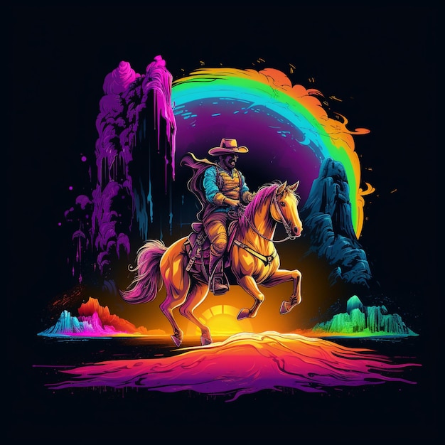 El lindo y gracioso logotipo de juego con un vaquero montando un caballo de color arco iris