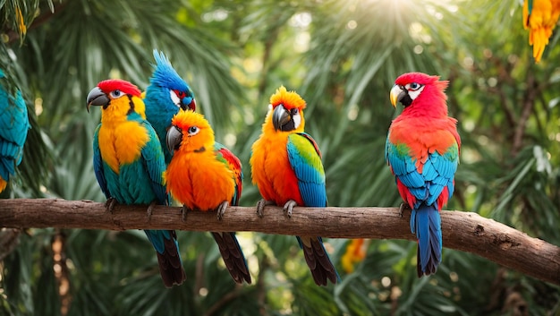 Lindo y gracioso loro tropical en una rama de hojas