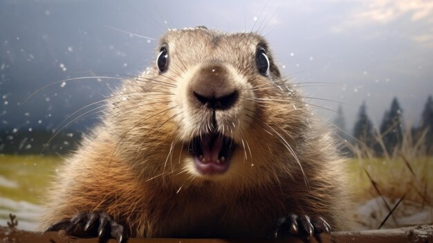 Foto lindo y gracioso marmota antropomórfica en primavera símbolo del día de la marmota