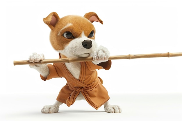 Un lindo y gracioso perro de dibujos animados en 3D practicando Kung Fu con un palo de bambú
