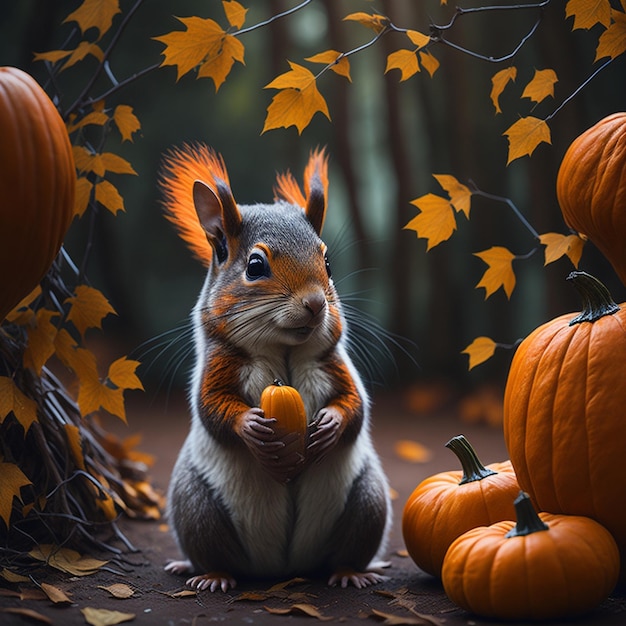 El lindo y gracioso personaje de ardilla en casa en el bosque de otoño rodeado de calabazas