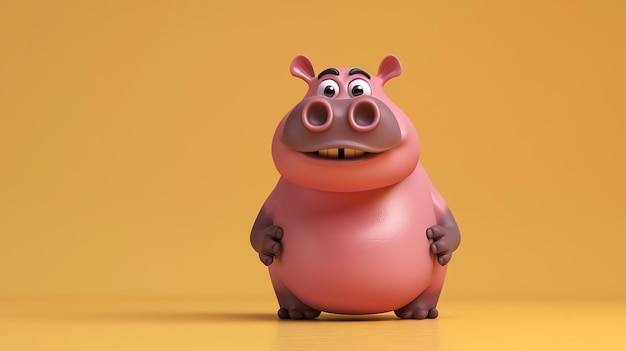 El lindo y gracioso personaje de dibujos animados de hipopótamo rosado de pie sobre un fondo amarillo renderización 3D