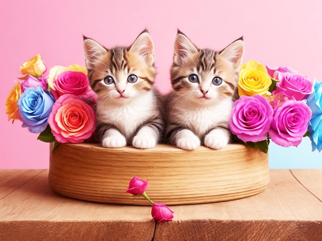Foto un lindo grupo de gatitos descansando en la parte superior de un soporte de flores de madera