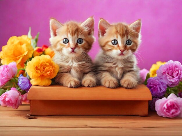 Foto un lindo grupo de gatitos descansando en la parte superior de un soporte de flores de madera