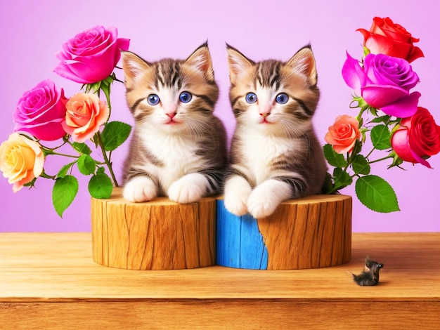 Foto un lindo grupo de gatitos descansando en la parte superior de un soporte de flores de madera