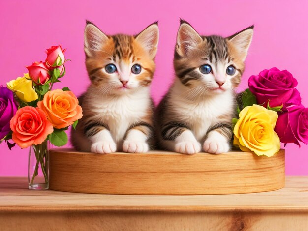 Un lindo grupo de gatitos descansando en la parte superior de un soporte de flores de madera