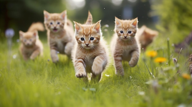 Lindo grupo de gatos divertidos corriendo y jugando IA generativa