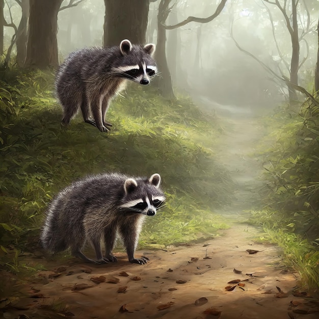 Lindo guaxinim está andando em uma floresta mágica Ilustração 3d de guaxinim fofo fofo