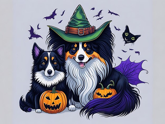 Foto lindo halloween rough collie en disfraz de bruja sentado al lado de un gato negro vector de fondo blanco