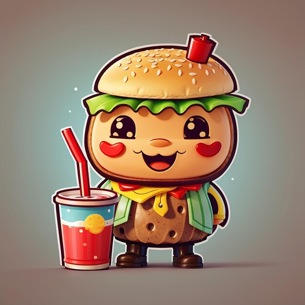 Foto lindo hamburgués sosteniendo refresco bebida icono vectorial de dibujos animados ilustración comida icono de vacaciones concepto aislado vector premium