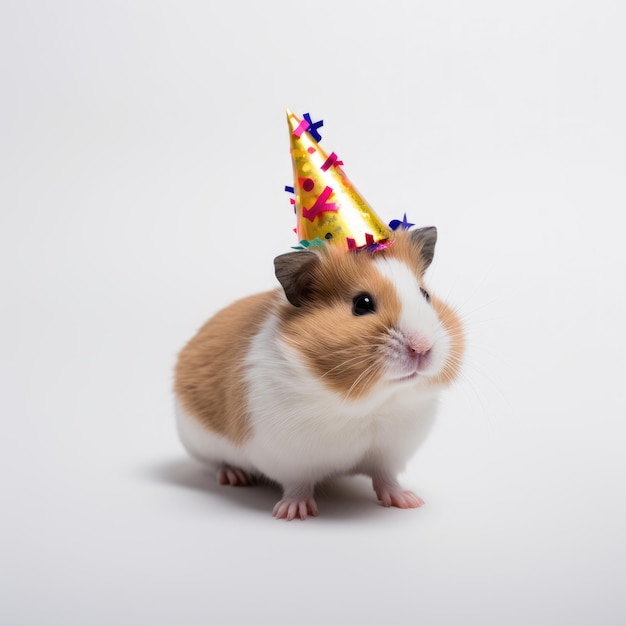 Foto lindo hámster con un sombrero de fiesta de cumpleaños