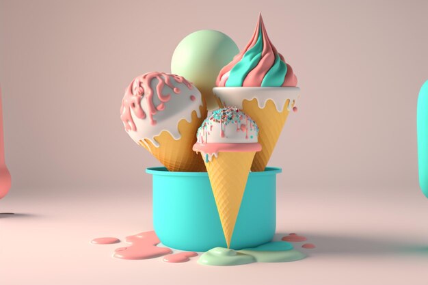 Lindo helado 3D Helado sabroso y dulce con colores modernos Ai generativo