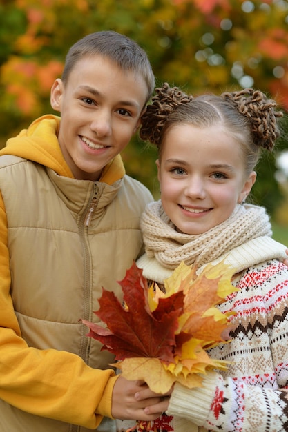 Lindo hermano y hermana en el parque de otoño